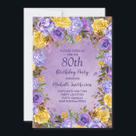 Elegant Paars Geel Roses Peonies 80th Birthday Kaart<br><div class="desc">Elegant 80e verjaardag uitnodiging voor vrouwen met  paarse en gele waterverf pinda's en rozen. Speciaal aangepast aan jouw naam en al je partijgegevens. Neem contact met me op voor hulp bij je aanpassingen of om extra Zazzle-producten aan te vragen voor je partij.</div>