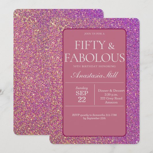Elegant Paars Glitter 50th Birthday Kaart (Voorkant / Achterkant)