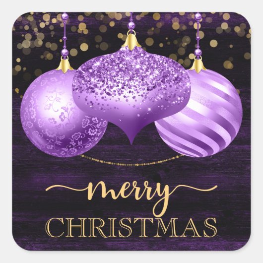 Elegant Paars Glitter Baubles Merry Kerstry Vierkante Sticker (Voorkant)