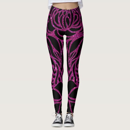 Elegant Paars Glitter Black Zebra Animal Print Leggings (Voorkant)