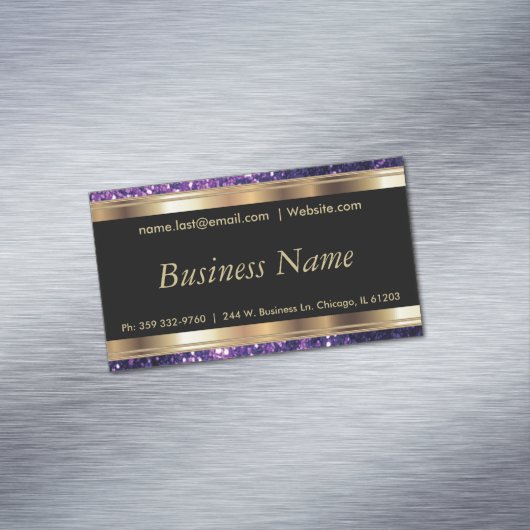 Elegant Paars Glitter en Black and Gold Visitekaartje Magneet (Voorbeeld)