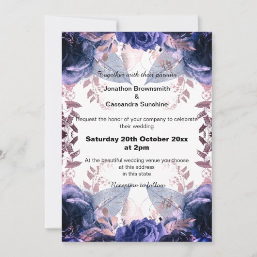 ELEGANT PAARS GLITTER FLORAL NAVY WEDING KAART (Voorkant)