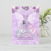 Elegant paars glitter florgoon Quinceanera Inv Kaart (Staand voorkant)