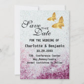 Elegant Paars glitter & Gold Butterfly Save The Date (Voorkant)