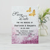 Elegant Paars glitter & Gold Butterfly Save The Date (Staand voorkant)