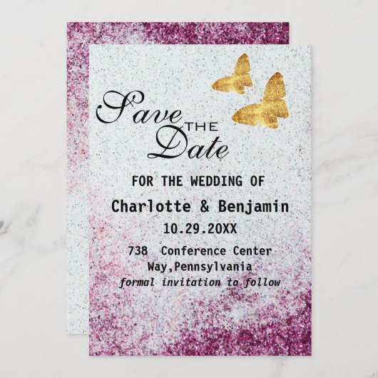 Elegant Paars glitter & Gold Butterfly Save The Date (Voorkant / Achterkant)