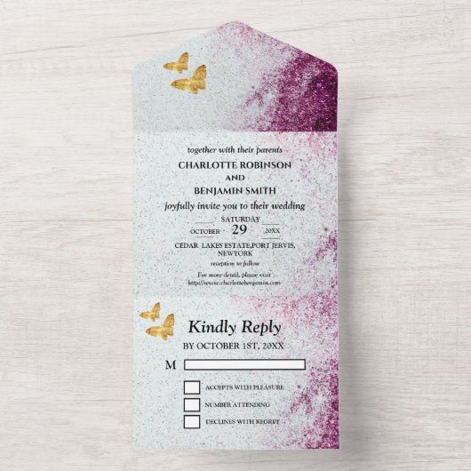 Elegant Paars Glitter & Gold Butterfly Wedding All In One Uitnodiging (Binnen)