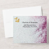 Elegant Paars Glitter & Gold Butterfly Wedding All In One Uitnodiging (Achterkant)