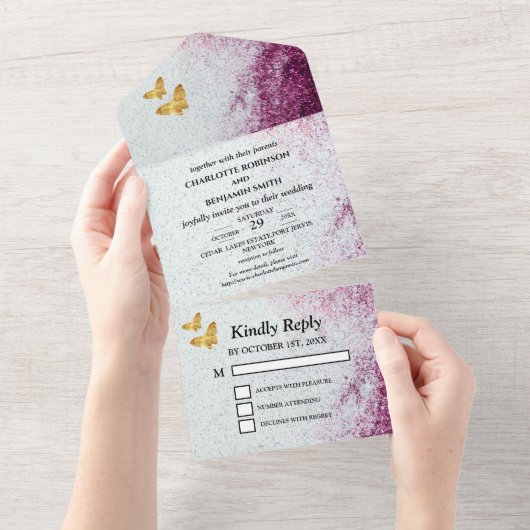 Elegant Paars Glitter & Gold Butterfly Wedding All In One Uitnodiging (Afscheurbaar)