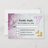 Elegant Paars Glitter & Gold Butterfly Wedding RSVP Kaartje (Voorkant)