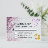 Elegant Paars Glitter & Gold Butterfly Wedding RSVP Kaartje (Staand voorkant)