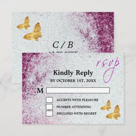 Elegant Paars Glitter & Gold Butterfly Wedding RSVP Kaartje (Voorkant / Achterkant)