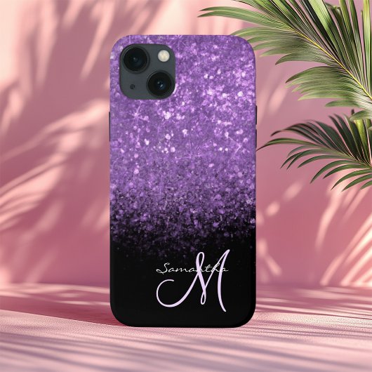 Elegant paars glitter Ombre & Black Monogramed Case-Mate iPhone Case