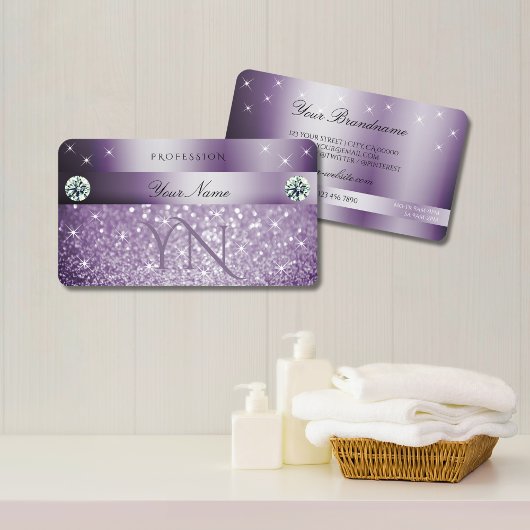 Elegant Paars Glitter Sparkelende Stars Monogram Visitekaartje