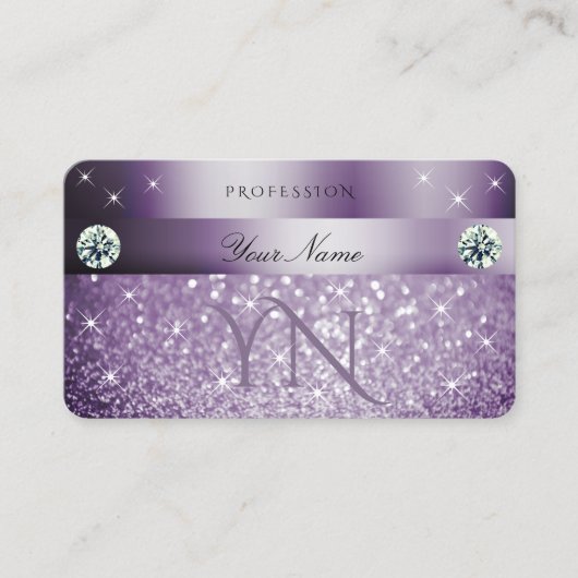 Elegant Paars Glitter Sparkelende Stars Monogram Visitekaartje (Voorkant)