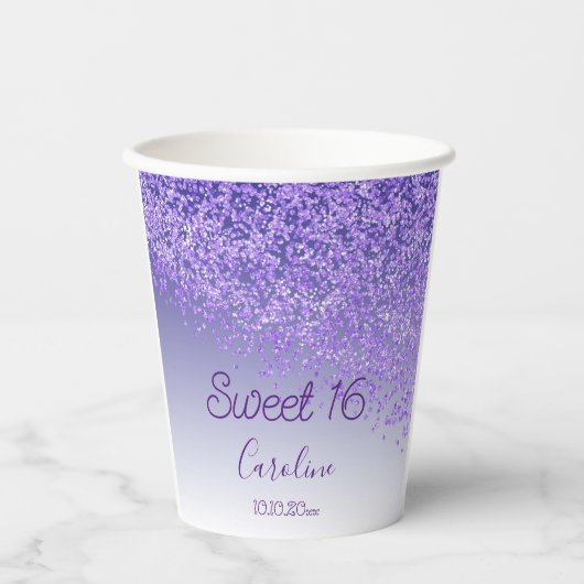 Elegant Paars Glitter Sweet 16 Birthday Papieren Bekers (Voorkant)