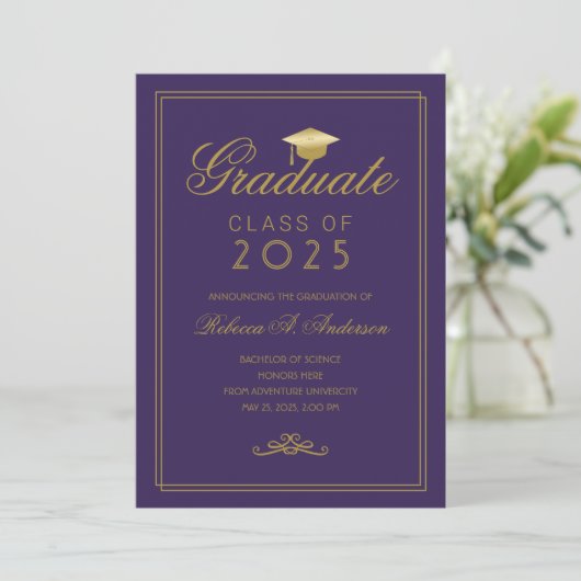 Elegant Paars Gold Afstudeerder Pet College Gradua Aankondiging (Staand voorkant)