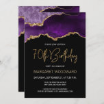 Elegant Paars Gold Agate 70th Birthday Invitation<br><div class="desc">Deze elegante uitnodiging van de 70ste verjaardagspartij is voorzien van een waterverf afbeelding van een agate geode in schaduwen van paars met faux goudhoogtepunten. De woorden "70th Birthday" staan in faux goudglitter in decoratief modern handschrift. Pas het met de naam van de eer in gouden gekleurde teksten en de details...</div>