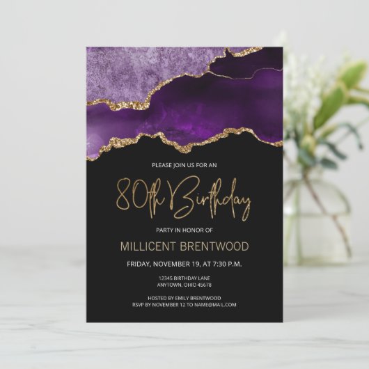 Elegant Paars Gold Agate 80th Birthday Kaart (Staand voorkant)