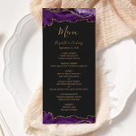 Elegant Paars Gold Agate Dark Weddenschap Menu<br><div class="desc">Dit elegante,  moderne huwelijksmenu heeft boven- en onderranden van paarse waterverf agaat afgewerkt met gouden faux glitter. De tekst verschijnt in elegant goudkleurig handschrift,  cursief en koperplaat lettertypen op een leisteen zwarte achtergrond. Het agaatontwerp wordt op de achterkant herhaald.</div>