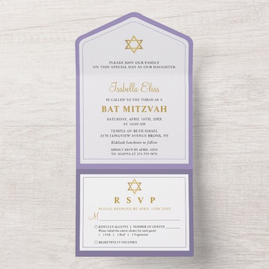 Elegant Paars Gold Bat Mitzvah All In One Uitnodiging (Binnen)