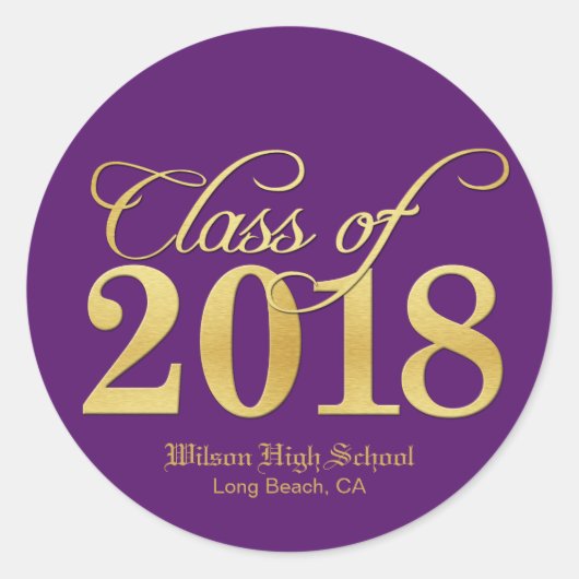 Elegant Paars & Gold Class of 2018 Afstuderen Ronde Sticker (Voorkant)