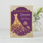 Elegant Paars Gold Diamond Quinceañera Masquerade Kaart (Staand voorkant)