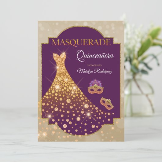 Elegant Paars Gold Diamond Quinceañera Masquerade Kaart (Staand voorkant)