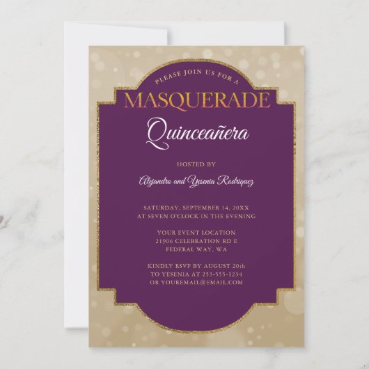 Elegant Paars Gold Diamond Quinceañera Masquerade Kaart (Achterkant)