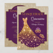 Elegant Paars Gold Diamond Quinceañera Masquerade Kaart (Voorkant / Achterkant)