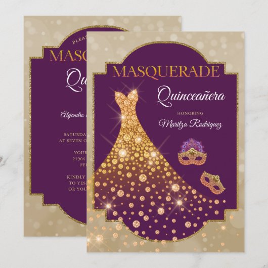 Elegant Paars Gold Diamond Quinceañera Masquerade Kaart (Voorkant / Achterkant)