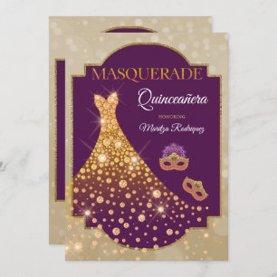 Elegant Paars Gold Diamond Quinceañera Masquerade Kaart