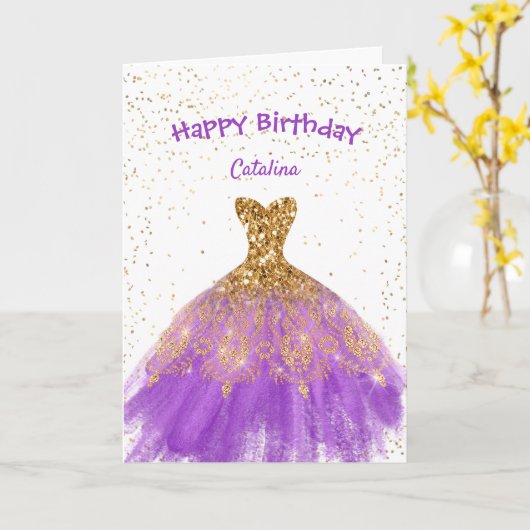 Elegant Paars Gold Dress Birthday Kaart (Gele Bloem)