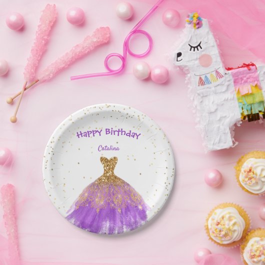 Elegant Paars Gold Dress Birthday Papieren Bordje (Feest)