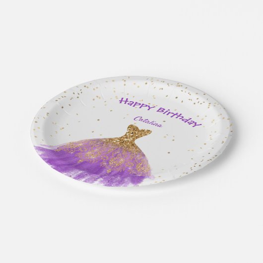Elegant Paars Gold Dress Birthday Papieren Bordje (Gekanteld)