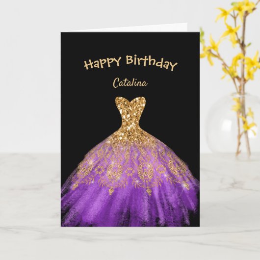 Elegant Paars Gold Dress Black Birthday Kaart (Gele Bloem)