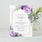 Elegant Paars & Gold Floral Eucalyptus Weddenschap Kaart (Staand voorkant)
