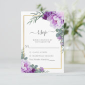 Elegant Paars & Gold Floral Eucalyptus Weddenschap RSVP Kaartje (Staand voorkant)