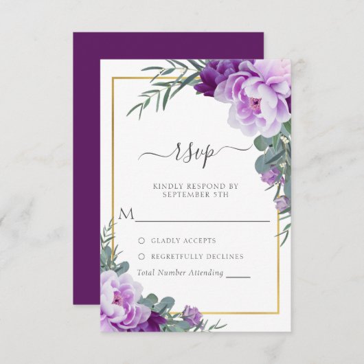 Elegant Paars & Gold Floral Eucalyptus Weddenschap RSVP Kaartje (Voorkant / Achterkant)
