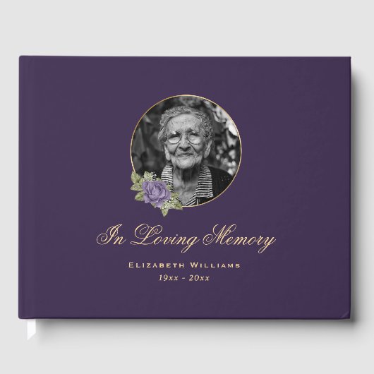 Elegant Paars Gold Floral Funeral Foto Gastenboek (Voorkant)