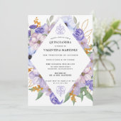 Elegant Paars Gold Floral Quinceanera Kaart (Staand voorkant)