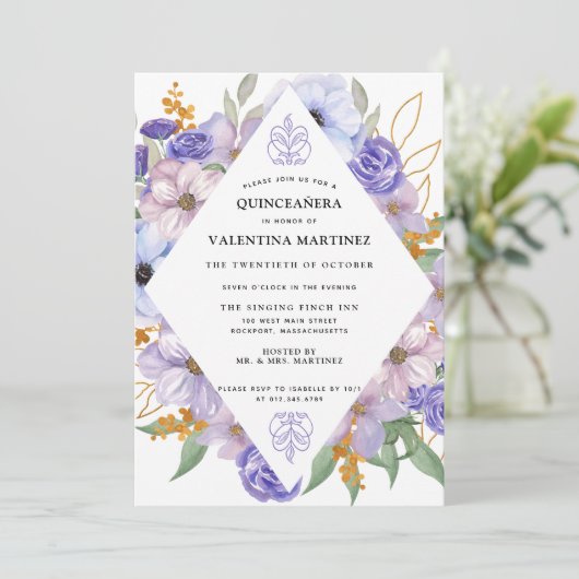 Elegant Paars Gold Floral Quinceanera Kaart (Staand voorkant)