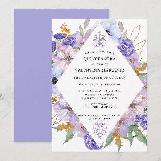 Elegant Paars Gold Floral Quinceanera Kaart (Voorkant / Achterkant)