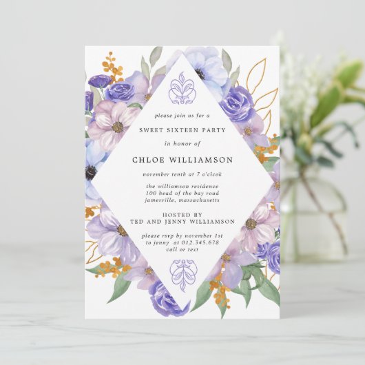 Elegant Paars Gold Floral Sweet Sixteen Kaart (Staand voorkant)