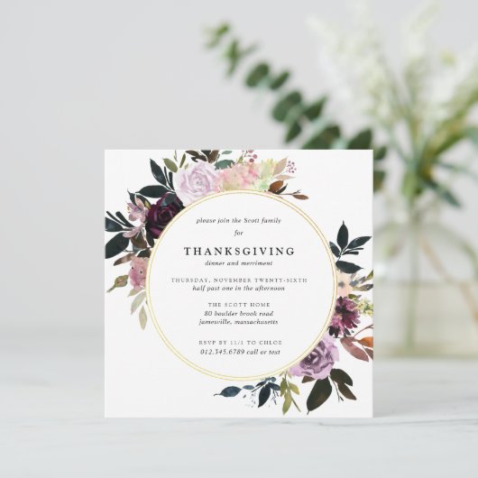 Elegant Paars Gold Floral Thanksgiving Dinner Kaart (Staand voorkant)