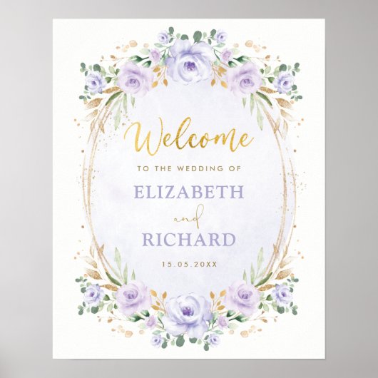 Elegant Paars Gold Floral Wedding Welkom Poster (Voorkant)