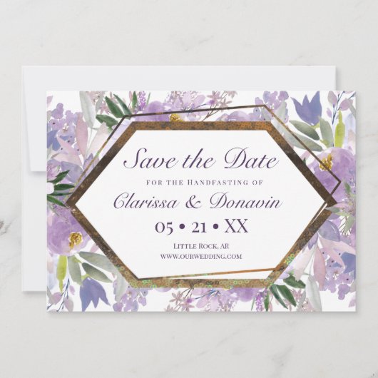 Elegant Paars & Gold Floral Wicca Handfasting Save The Date (Voorkant)