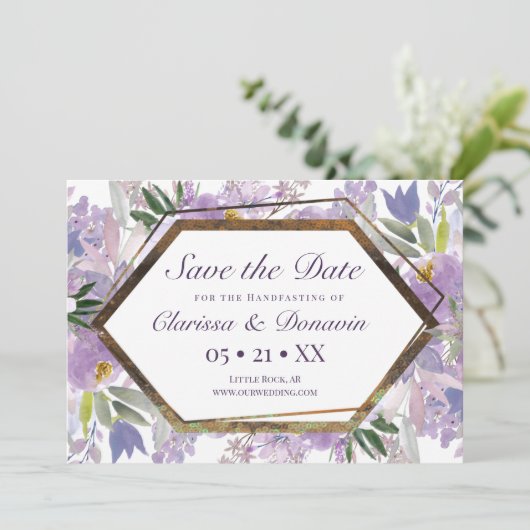 Elegant Paars & Gold Floral Wicca Handfasting Save The Date (Staand voorkant)