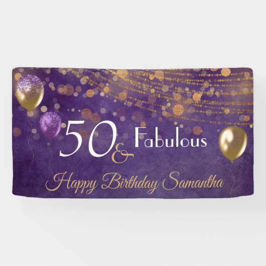 Elegant Paars Gold Glam 50 en Fabulous Birthday Spandoek (Horizontaal)