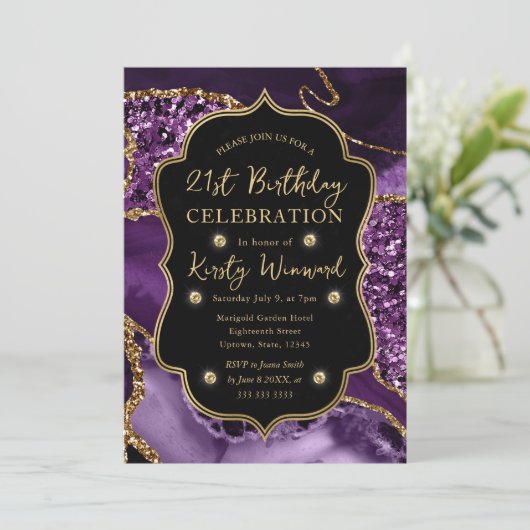 Elegant Paars & Gold Glitter Agate 21st Birthday Kaart (Staand voorkant)